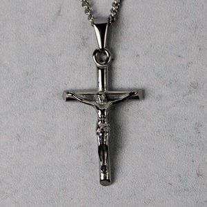 Silver Crucifix Cross Pendant Cuban Link Chain Necklace